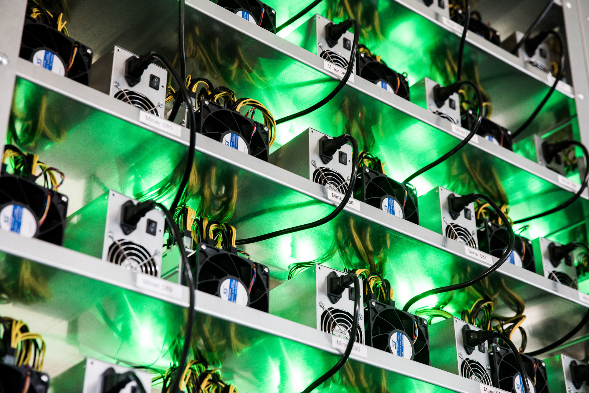 Cryptocurrency mining rigs composed of Antminer S9 ASIC machines operate on racks at the HydroMiner GmbH cryptocurrency mining facility near Waidhofen an der Ybbs, Austria. Photographer: Akos Stiller/Bloomberg