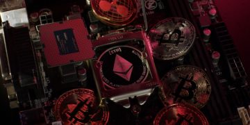 Bitcoin Btc, Ripple, Ethereum, Cpu Central Processor On Digital Pc Motherboard Cryptocurrency Mining