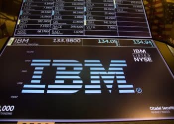 International Business Machines Corp. (IBM) signage on a monitor on the floor of the New York Stock Exchange (NYSE) in New York, US, on Friday, Aug. 26, 2022. Stocks sank as Jerome Powell gave a short and clear message that rates will stay high for some time, pushing back against the idea of a Federal Reserve pivot that could complicate its war against inflation. Photographer: Michael Nagle/Bloomberg