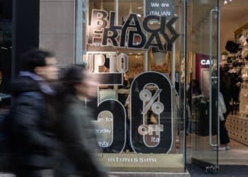 A Black Friday sale sign at an Intimissimi store on Black Friday in New York, US, on Friday, Nov. 25, 2022. US retailers are bracing for a slower-than-normal Black Friday as high inflation and sagging consumer sentiment erode Americans demand for material goods. Photographer: Jeenah Moon/Bloomberg