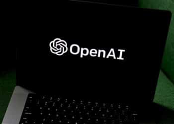 The OpenAI logo on a laptop computer arranged in the Brooklyn borough of New York.
