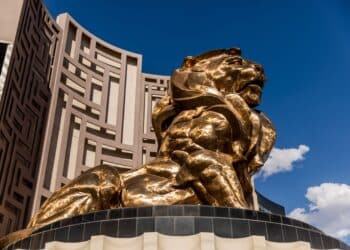 A lion statue stands in front of the MGM Grand Hotel and Casino in Las Vegas, Nevada, U.S., on Sunday, July 26, 2020. MGM Resorts International is scheduled to releasing earnings figures on July 30.