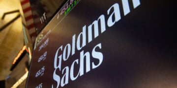 Goldman Sachs Group Inc. signage on the floor of the New York Stock Exchange (NYSE) in New York, U.S., on Friday, June 28, 2024. Wall Street traders sent stocks toward fresh all-time highs as signs of inflation cooling reinforced bets the Federal Reserve will be able to start cutting interest rates this year. Photographer: Michael Nagle/Bloomberg