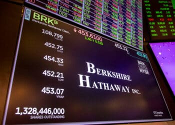 Berkshire Hathaway Inc. signage on the floor of the New York Stock Exchange (NYSE) in New York, US, on Tuesday, Dec. 31, 2024. US stocks dropped during the last trading session of an otherwise stellar year as investors ponder the monetary policy outlook for 2025. Photographer: Michael Nagle/Bloomberg