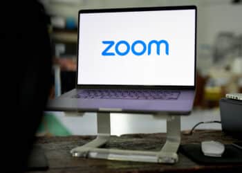 The Zoom logo on a laptop arranged in Germantown, New York, U.S., on Saturday, May 13, 2023. Zoom Video Communications, Inc. is scheduled to release earnings figures on May 23. Photographer: Gabby Jones/Bloomberg
