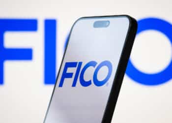 The Fair Isaac Corp. (FICO) logo displayed on a smartphone screen, on April 23, 2025.